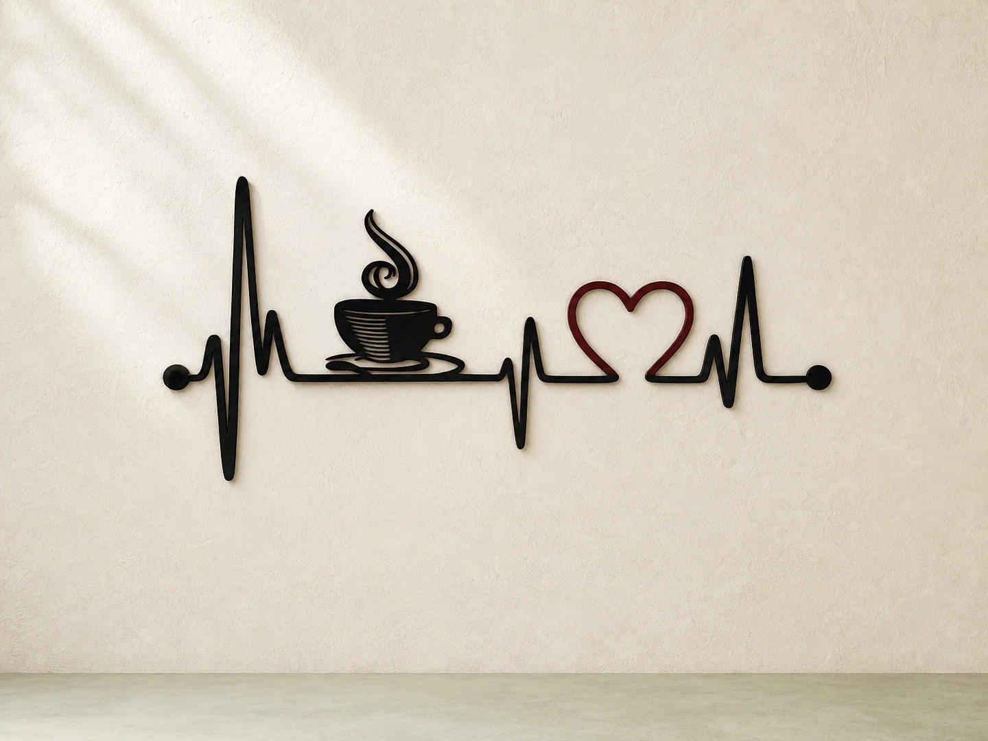 Decor negru de perete cu linie de puls, ceașcă de cafea și inimă roșie